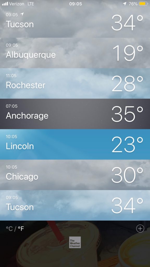 Temperature listing showing Anchorage, AK is warmer than Tucson, AZ